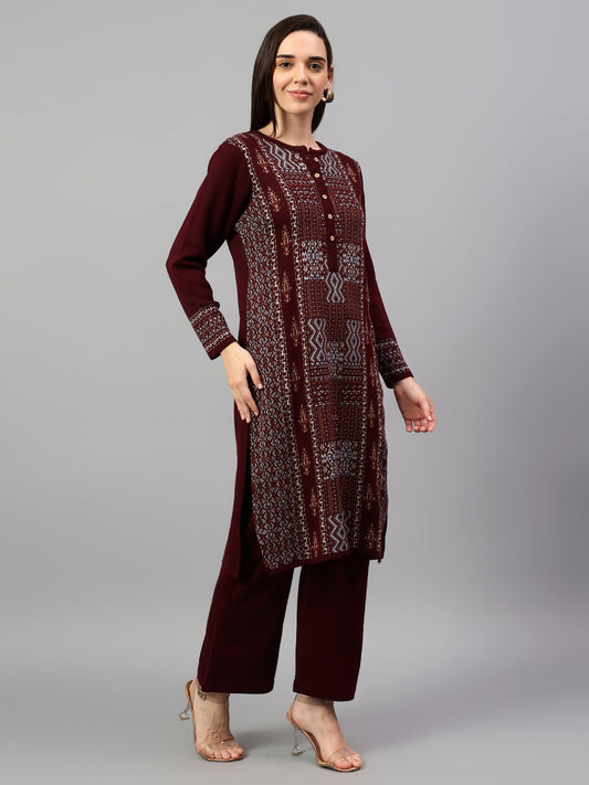 Women's Maroon Printed Round Neck Kurta Palazzo Set For Winter