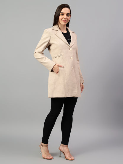 Women's Beige Solid Full Sleeves Winter Long Coat