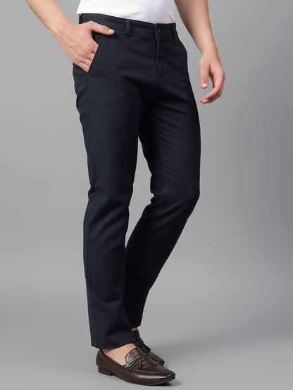 Men's Navy Blue Solid Non-Pleated Casual Trouser