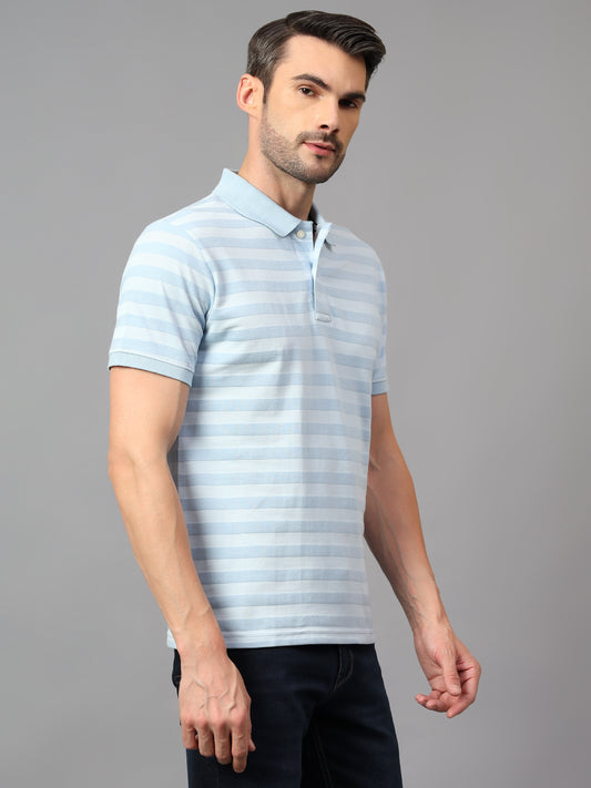 Men's Sky Blue Striped Polo Neck Half Sleeve T-shirt