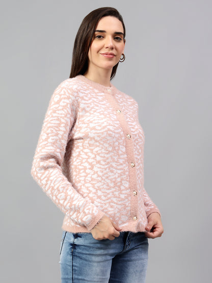 Women's Self Design Pink Full Sleeve Cardigan Casual Sweater