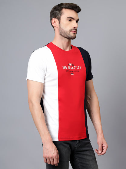 Men's Red Color Blocked Round Neck Half Sleeve T-shirt