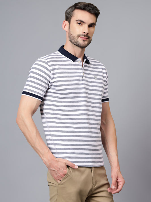 T-Shirt for Men | Breathable & Soft with Color Fastness Regular Fit Polo Neck Poly Cotton Fabric Striped Pattern