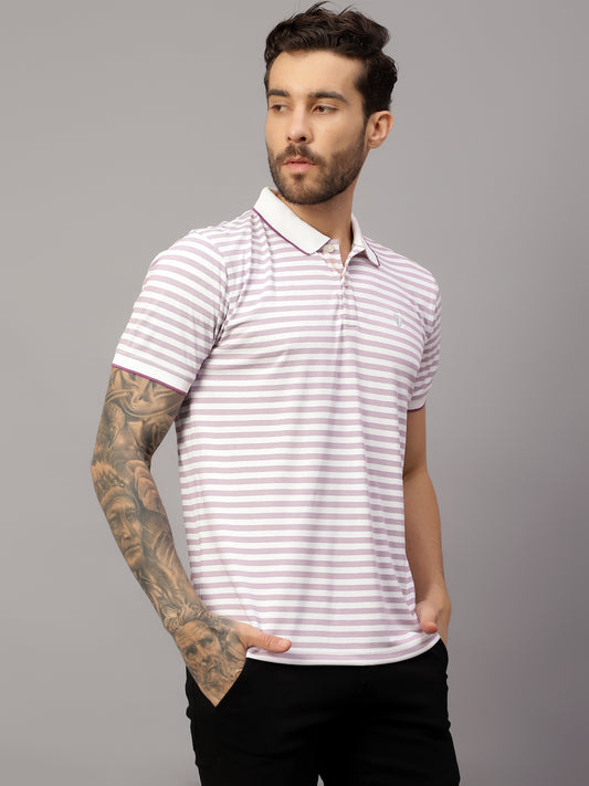 T-Shirt for Men | Breathable & Soft with Color Fastness Regular Fit Polo Neck Poly Cotton Fabric Striped Pattern
