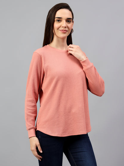 Women's Peach Self Design Round Neck Winter T-shirt