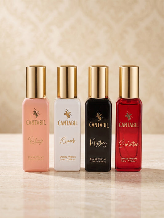Cantabil Luxury Long Lasting Perfume Gift Set for Men & Women | Pack of 4 x 20ml Each | Mystery, Blush, Seduction & Spark Premium Eau De Parfum Fragrances