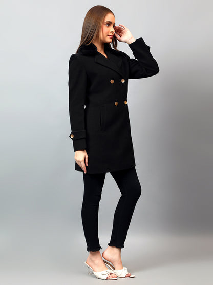Women's Black Solid Full Sleeves Winter Long Coat