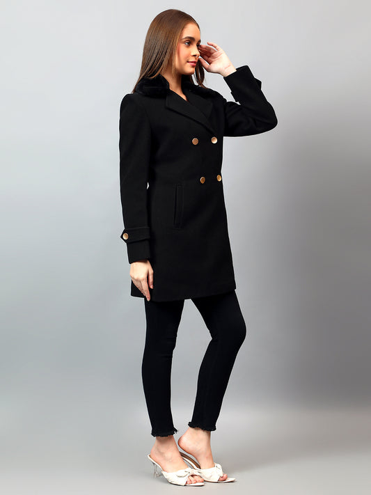 Women's Black Solid Full Sleeves Winter Long Coat