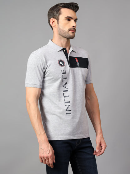 Men's Grey Printed Polo Neck Half Sleeve T-shirt