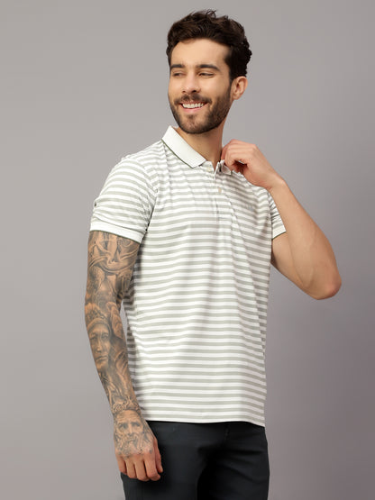 Men's Olive Green Stripe Polo neck Half Sleeve T-Shirt