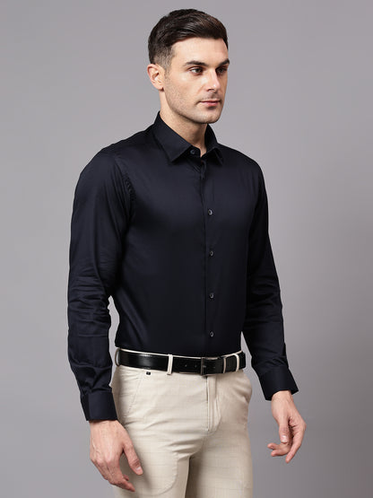 Men's Navy Blue Party Plain Satin Full Sleeve Shirt