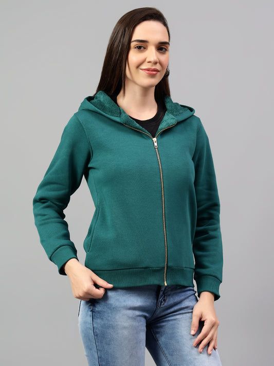 Women's Dark Green Solid Hoody Neck Sweatshirt