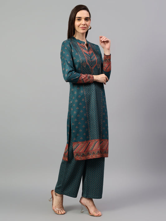 Women's Green Printed Mandarin Collar Kurta Palazzo Set For Winter