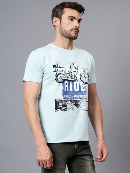 Men's Sky Blue Printed Round Neck Half Sleeve T-shirt