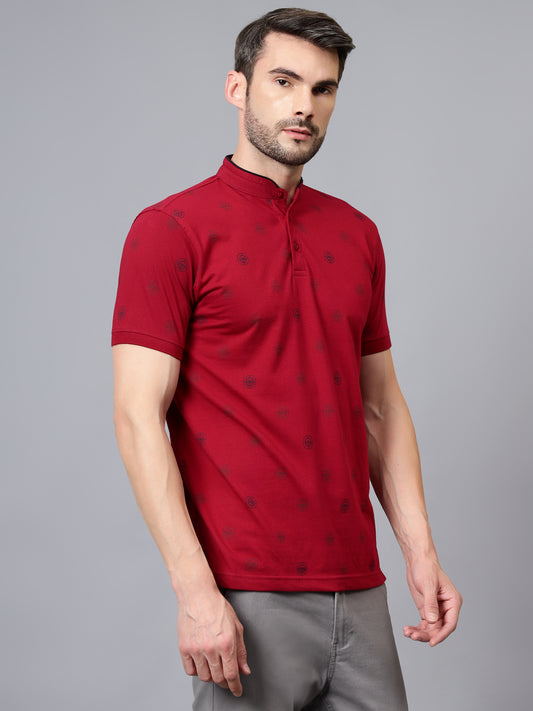 T-Shirt for Men | Breathable & Soft with Color Fastness Regular Fit Mandarin Collar Poly Cotton Fabric Printed Pattern