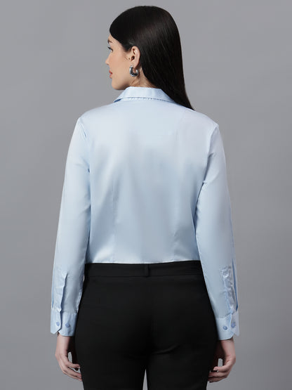 Women's Solid Sky Blue Spread Collar Full Sleeves Formal Shirt