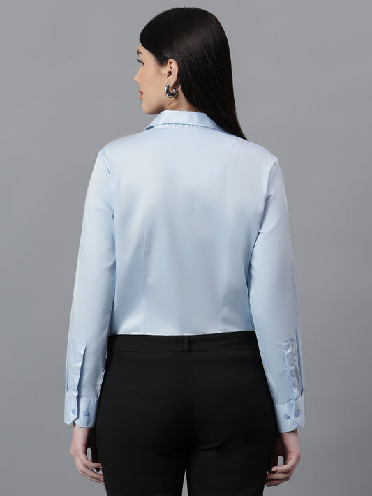 Women's Solid Sky Blue Spread Collar Full Sleeves Formal Shirt