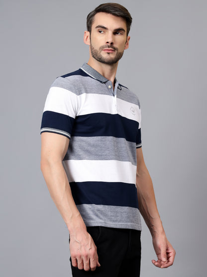 Men's White Striped Polo Neck Half Sleeve T-shirt