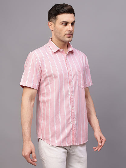 Men's Pink Casual Broad Stripe Half sleeve Shirt