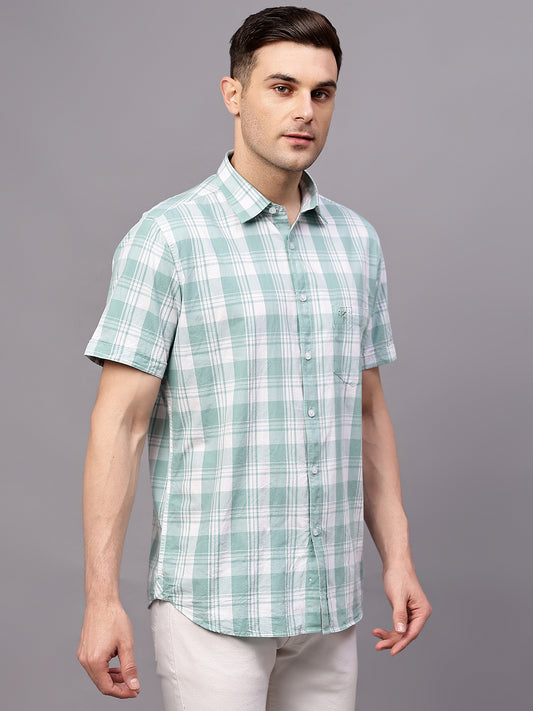 Men's Turquoise Slim Fit Checkered Half Sleeve Casual Shirt
