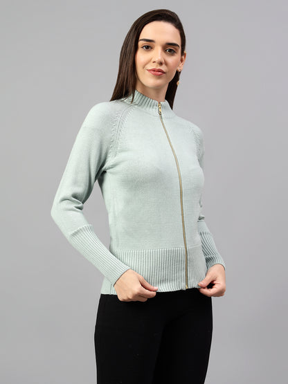 Women's Solid Aqua Full Sleeve Casual Sweater