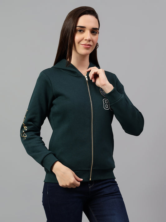 Women's Teal Green Printed Hoody Neck Sweatshirt