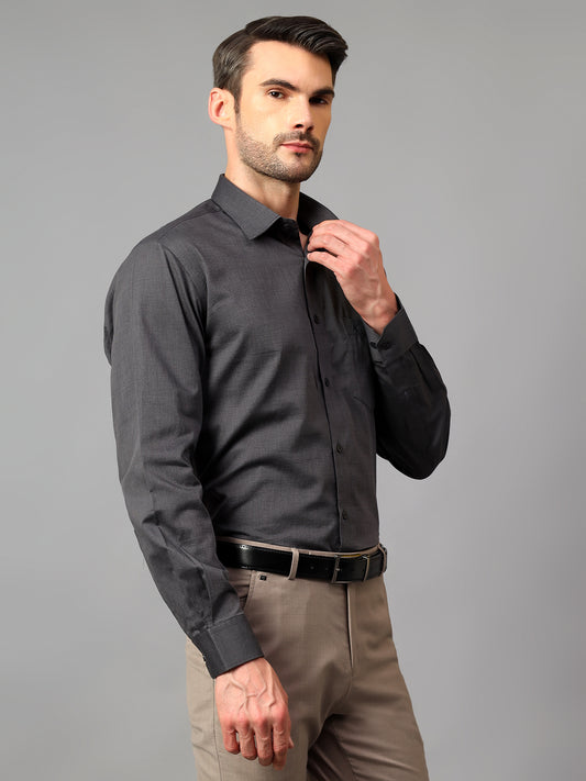Men's Dark Grey Formal Fil a Fil Plain Full Sleeve Shirt