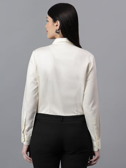 Women's Solid Off-White Spread Collar Full Sleeves Formal Shirt