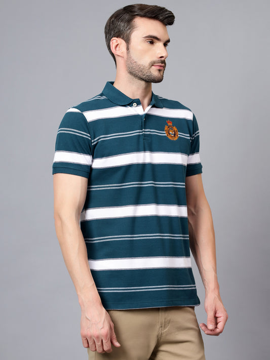 Men's Teal Blue Striped Polo Neck Half Sleeve T-shirt