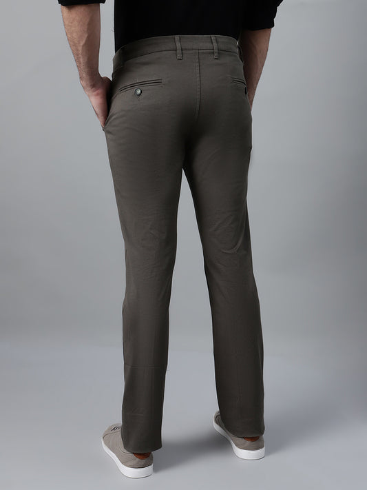 Men's Olive Green Self Design Non-Pleated Casual Trouser