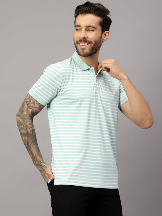 T-Shirt for Men | Breathable & Soft with Color Fastness Regular Fit Polo Neck Poly Cotton Fabric Striped Pattern