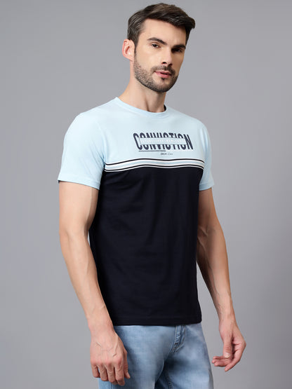 Men's Navy Blue Color Blocked Round Neck Half Sleeve T-shirt