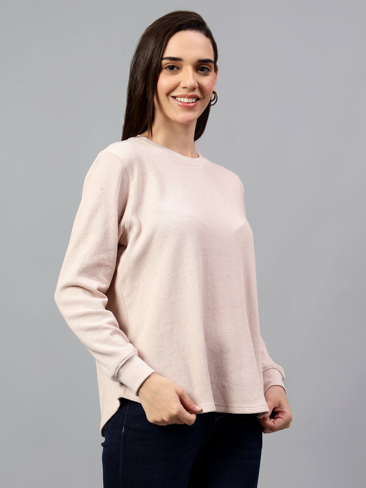 Women's Pink Self Design Round Neck Winter T-shirt