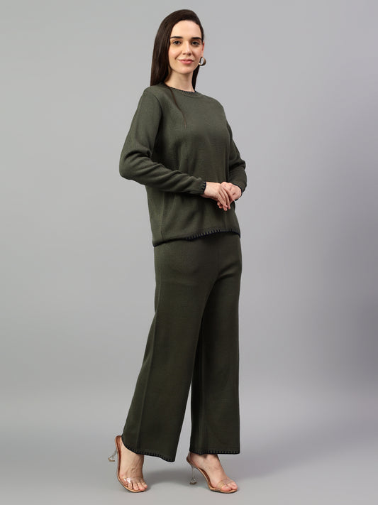 Women's Olive Green Solid Winter Co-Ord Set