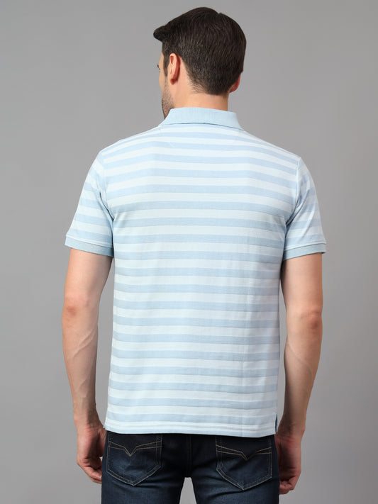 Men's Sky Blue Striped Polo Neck Half Sleeve T-shirt