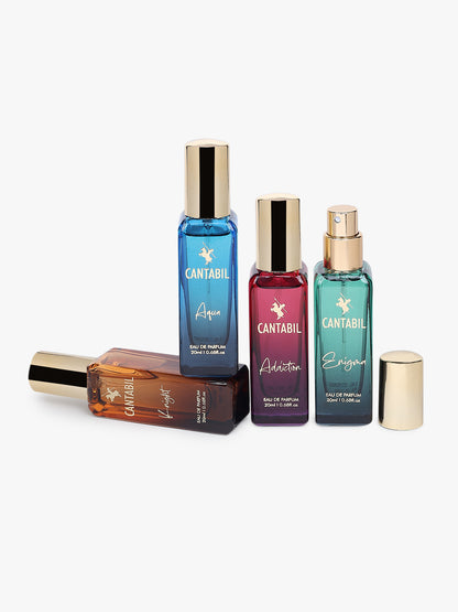 Cantabil Luxury Long Lasting Perfume Gift Set for Men & Women | Pack of 4 x 20ml Each | Aqua, Addiction, Knight & Enigma Premium Eau De Parfum Fragrances