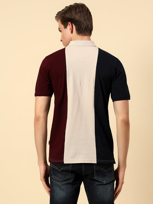 T-Shirt for Men | Breathable & Soft with Color Fastness Regular Fit Polo Neck Poly Cotton Fabric Colourblocked Pattern