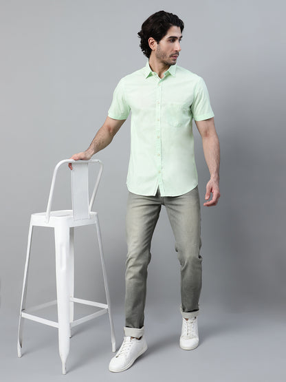 Men's Light Green Casual Plain Half Sleeve Shirt