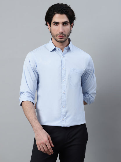 Men's Light Blue Casual Plain Stretch Full Sleeve Shirt