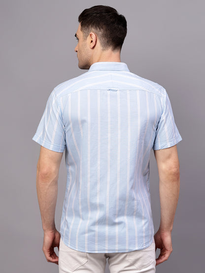 Men's Sky Blue Casual Broad Stripe Half sleeve Shirt