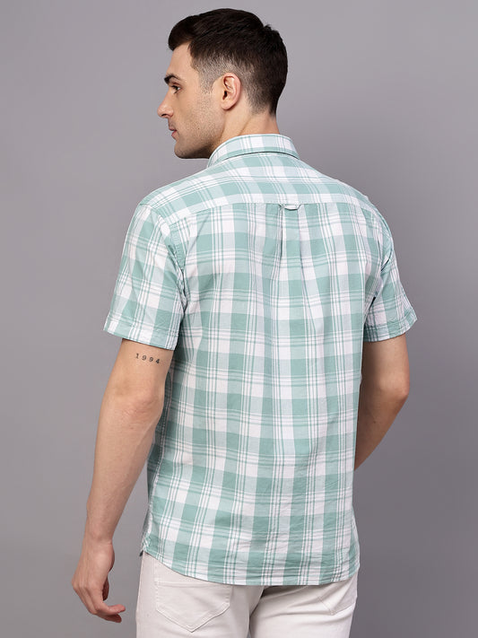 Men's Turquoise Slim Fit Checkered Half Sleeve Casual Shirt
