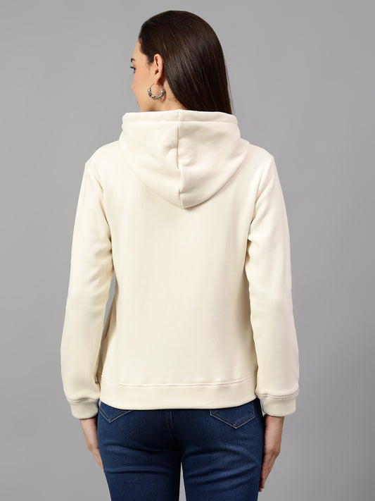 Women's Cream Printed Hoody Neck Sweatshirt