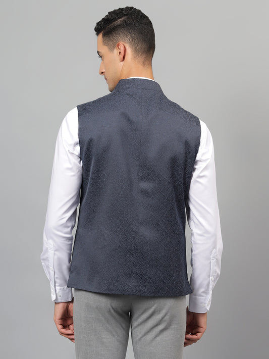 Men's Navy Blue Self Design Partywear Waistcoat