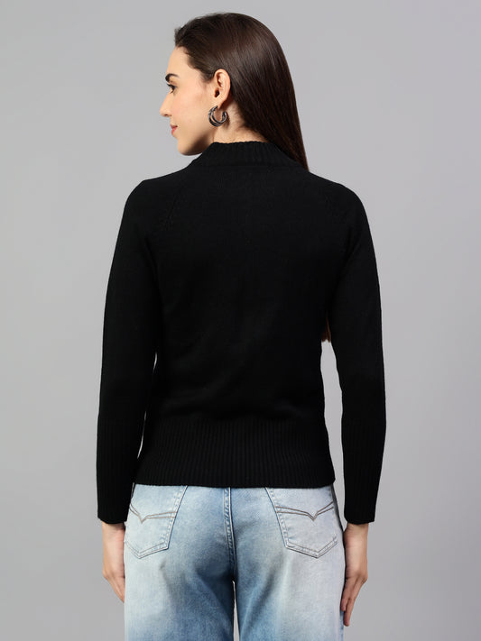 Women's Black Solid Mock Collar Sweatshirt