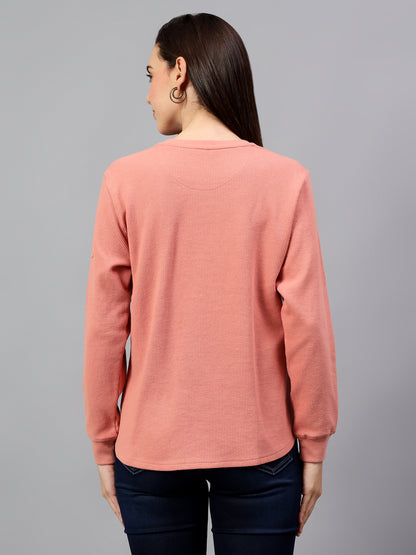 Women's Peach Self Design Round Neck Winter T-shirt