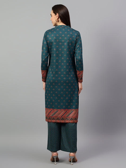 Women's Green Printed Mandarin Collar Kurta Palazzo Set For Winter