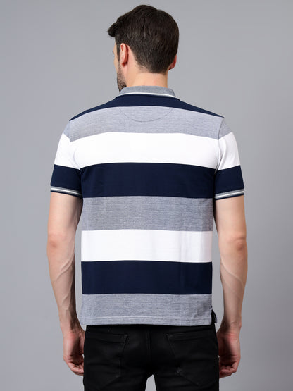 Men's White Striped Polo Neck Half Sleeve T-shirt