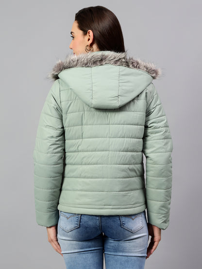 Women's Green Solid Full Sleeves Winter Jacket