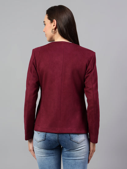 Women's Wine Solid Casual Winter Blazer