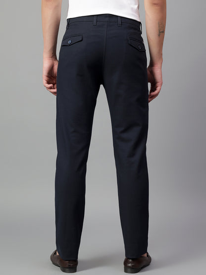 Men's Navy Blue Solid Non-Pleated Casual Trouser